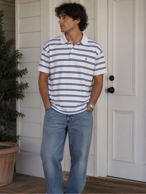Polo Ralph Lauren Striped Polo Shirt White Navy Green Pony Size L